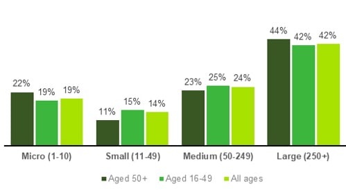 Chart showing Age and size of workplace (2023)